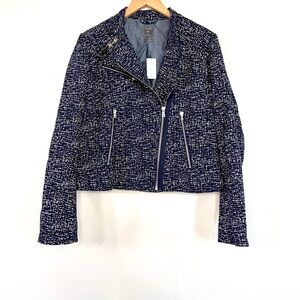 NWT Gap Tweed Moto Navy Blue White Print Zipper Jacket